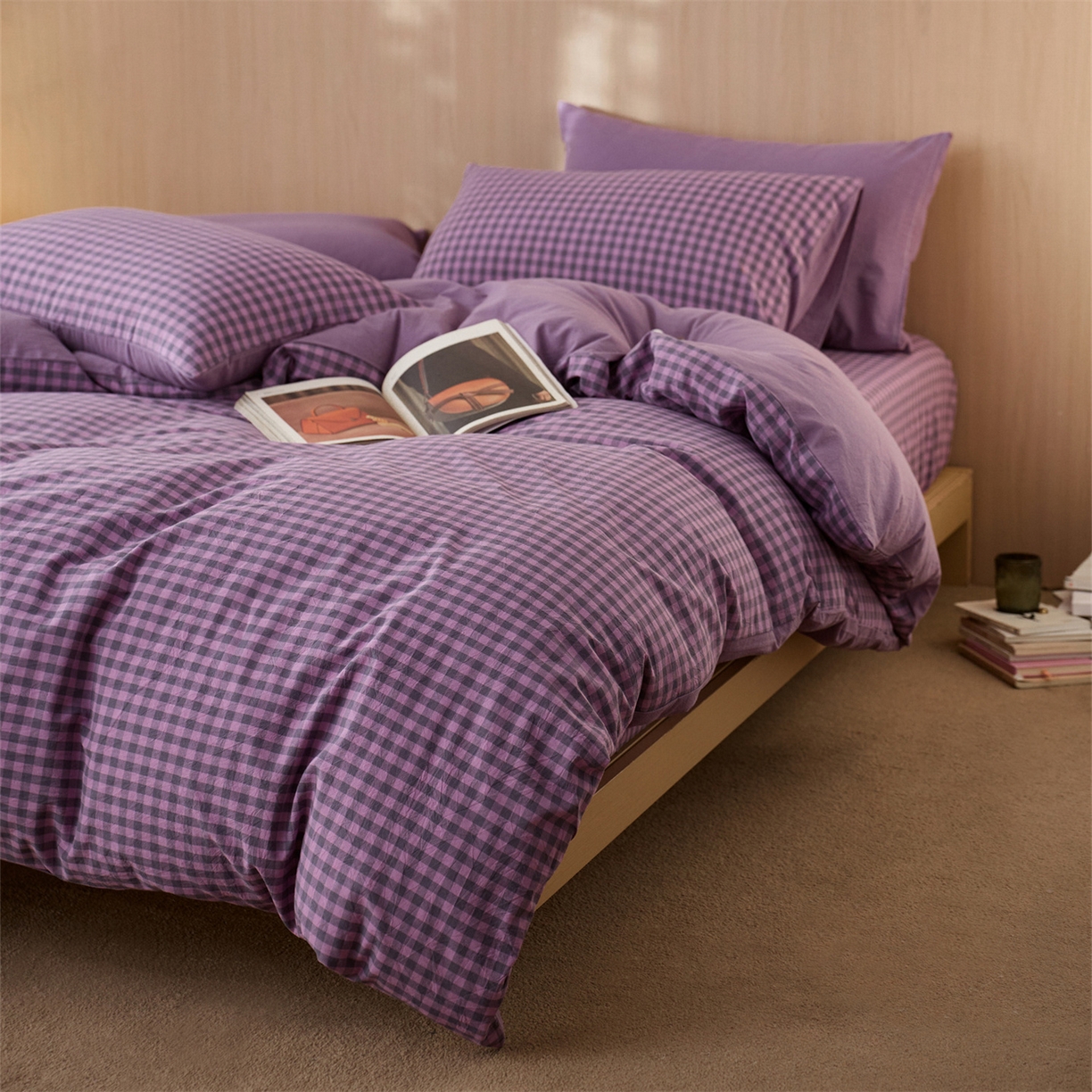 91家纺网 家纺一手货源 找家纺 启程家纺 2026新款纯棉水洗棉复古小格多规格系列四件套 复古小格-紫