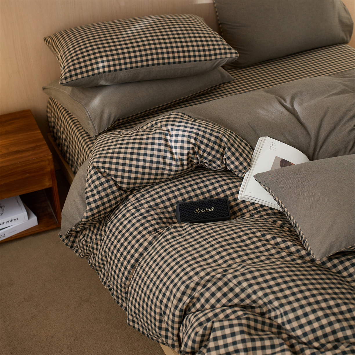 91家纺网 家纺一手货源 找家纺 启程家纺 2026新款纯棉水洗棉复古小格多规格系列四件套 复古小格-黑