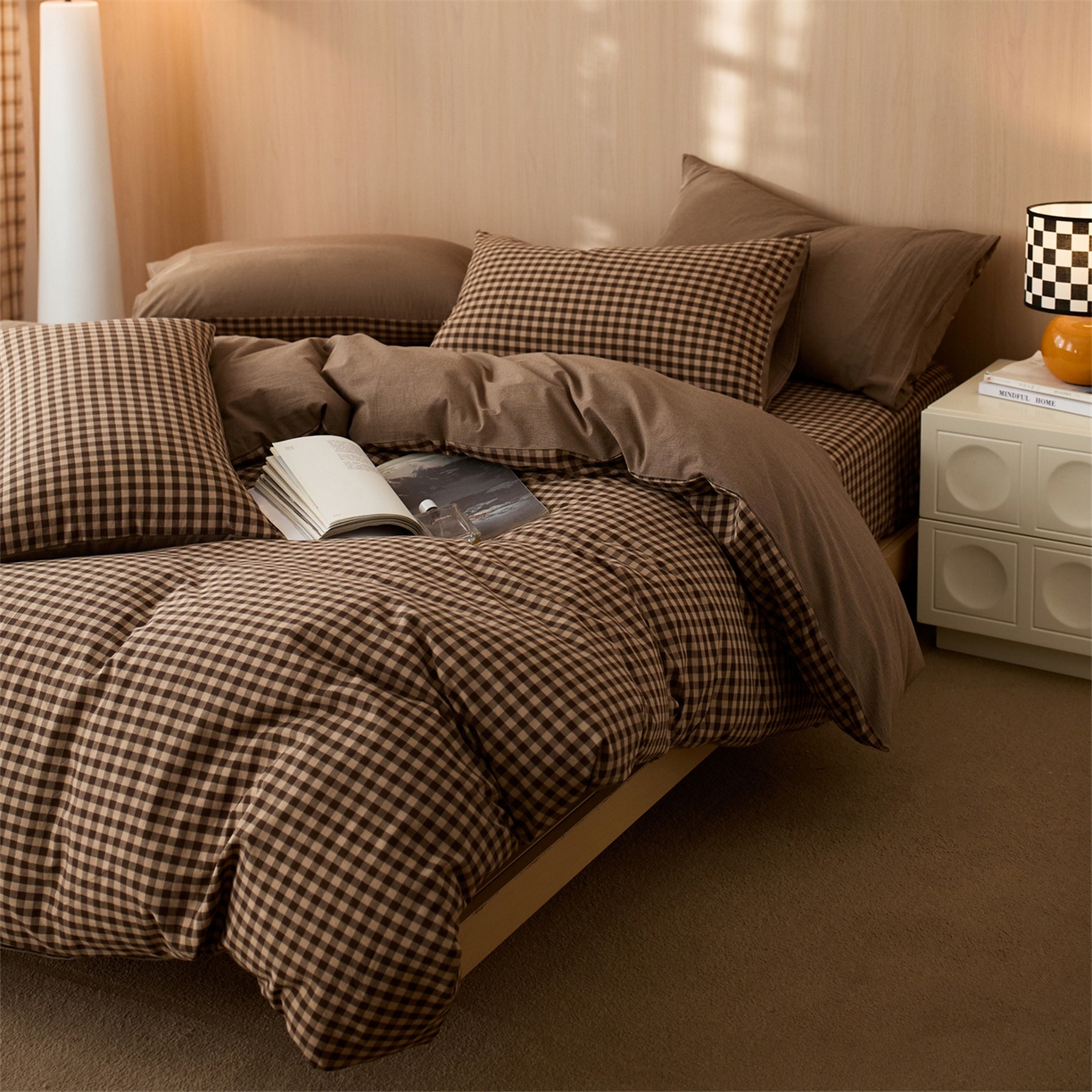 91家纺网 家纺一手货源 找家纺 启程家纺 2026新款纯棉水洗棉复古小格多规格系列四件套 复古小格-咖