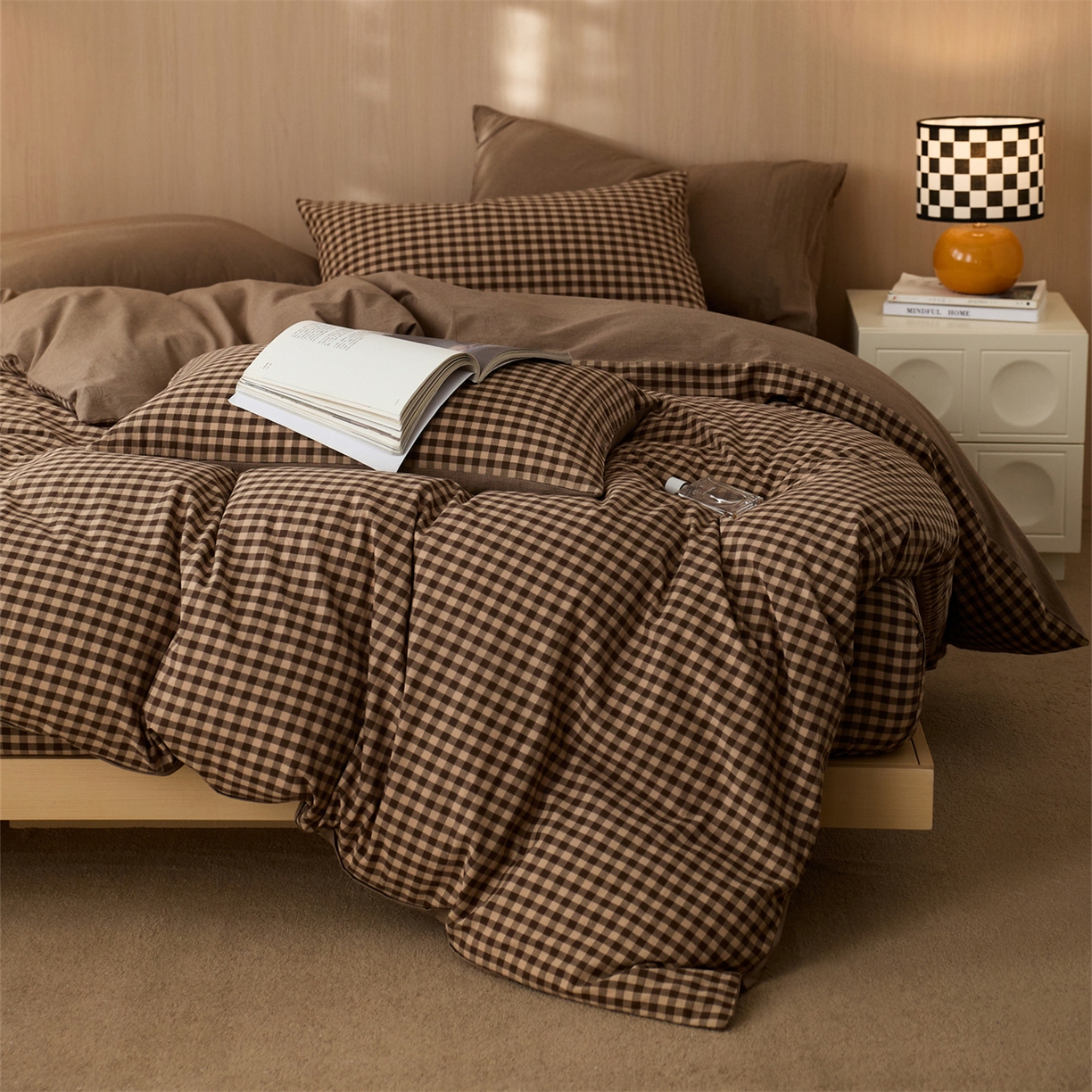 91家纺网 家纺一手货源 找家纺 启程家纺 2026新款纯棉水洗棉复古小格多规格系列四件套 复古小格-咖