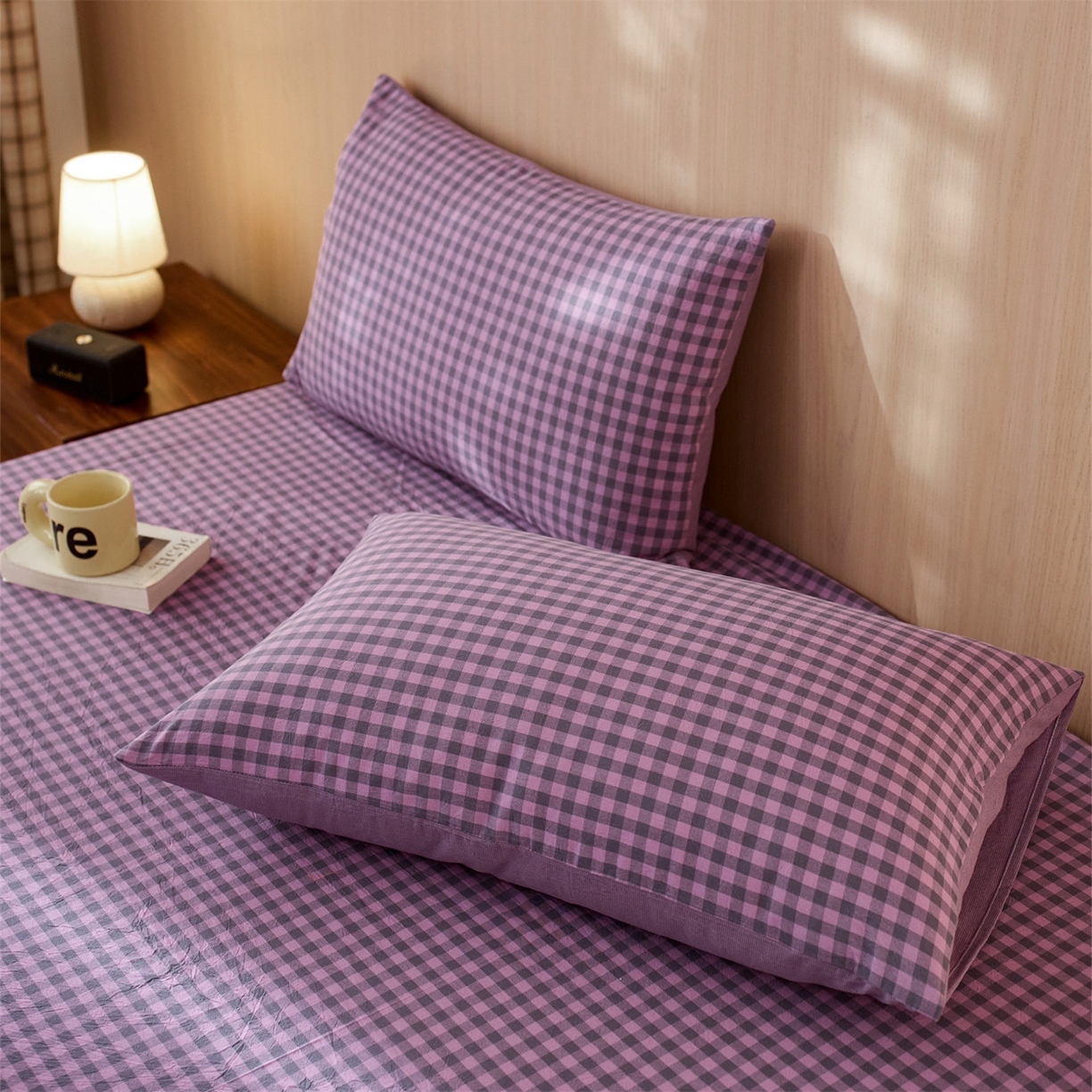 91家纺网 家纺一手货源 找家纺 启程家纺 2026新款纯棉水洗棉复古小格多规格系列四件套 复古小格-紫