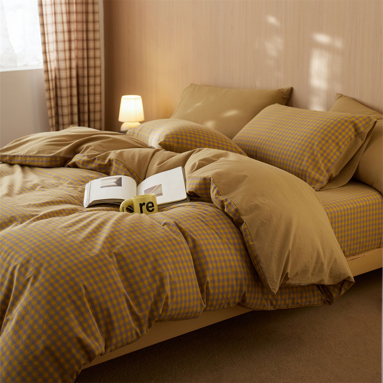 91家纺网 家纺一手货源 找家纺 启程家纺 2026新款纯棉水洗棉复古小格多规格系列四件套 复古小格-黄