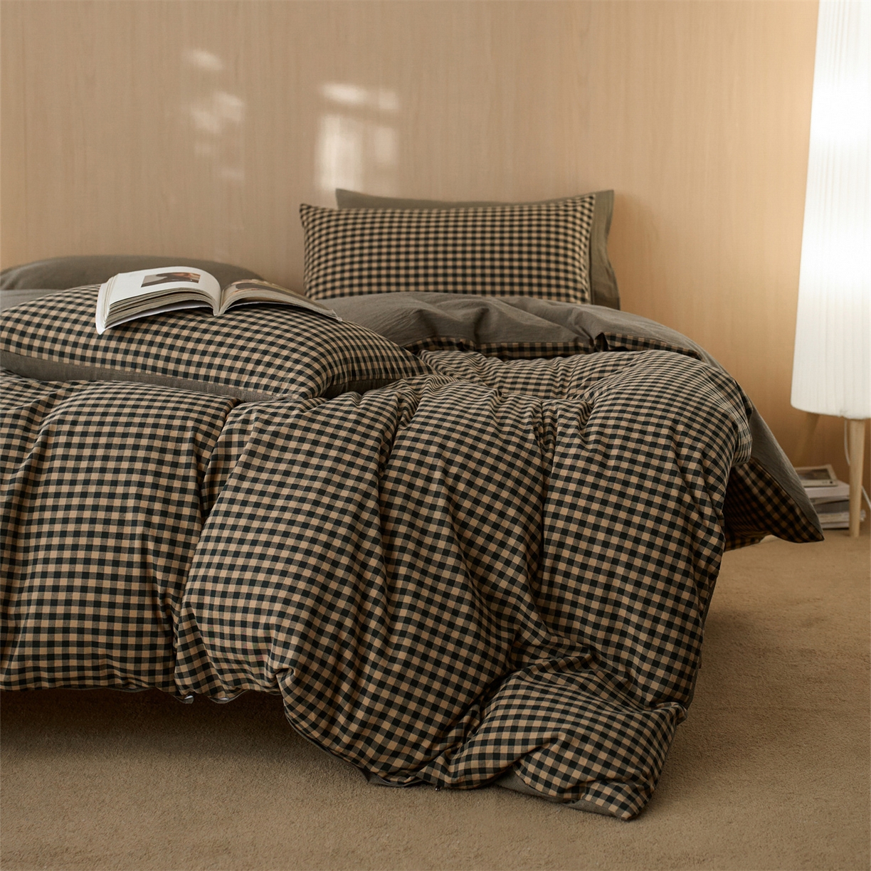 91家纺网 家纺一手货源 找家纺 启程家纺 2026新款纯棉水洗棉复古小格多规格系列四件套 复古小格-黑