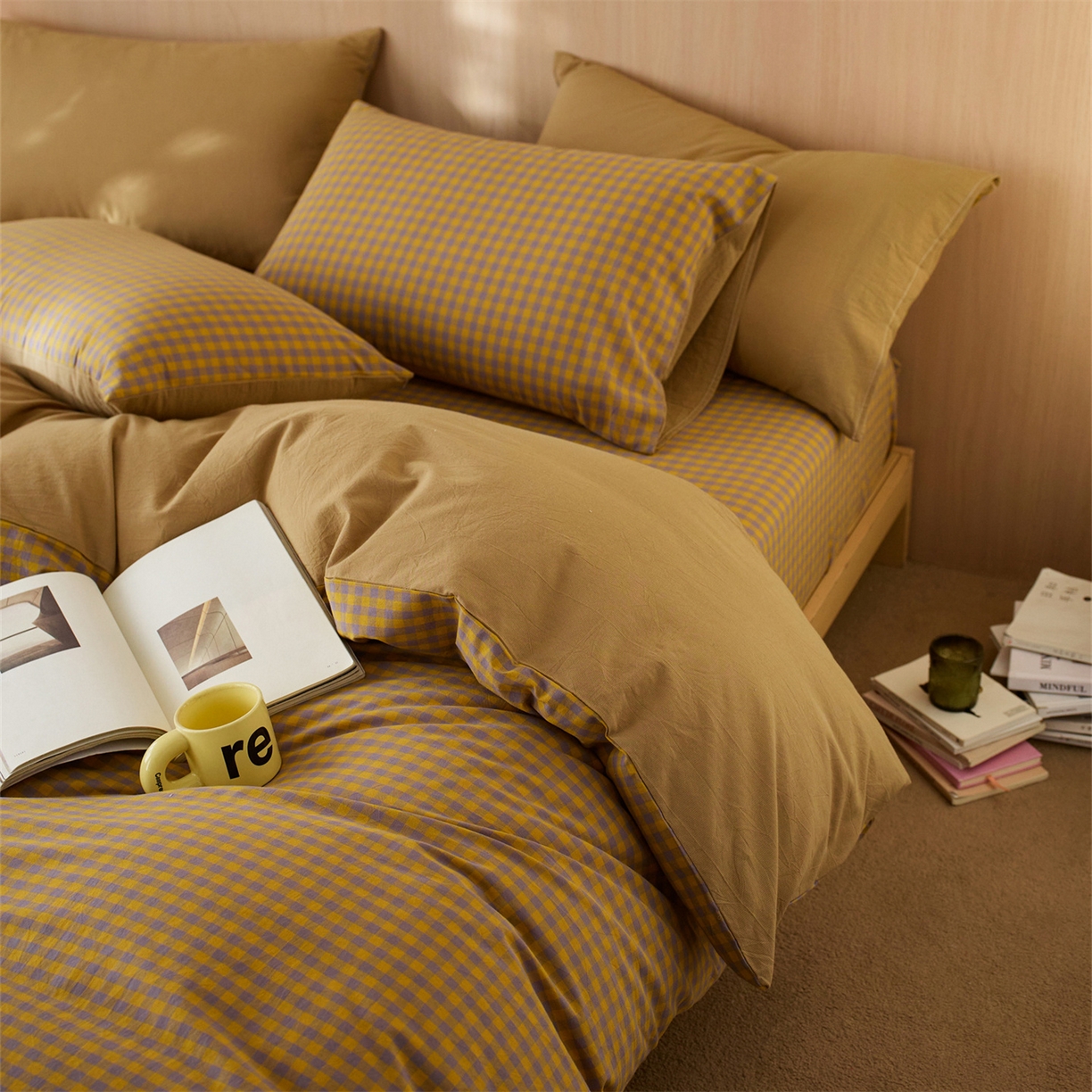 91家纺网 家纺一手货源 找家纺 启程家纺 2026新款纯棉水洗棉复古小格多规格系列四件套 复古小格-黄