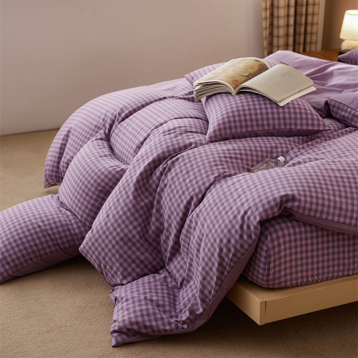 91家纺网 家纺一手货源 找家纺 启程家纺 2026新款纯棉水洗棉复古小格多规格系列四件套 复古小格-紫