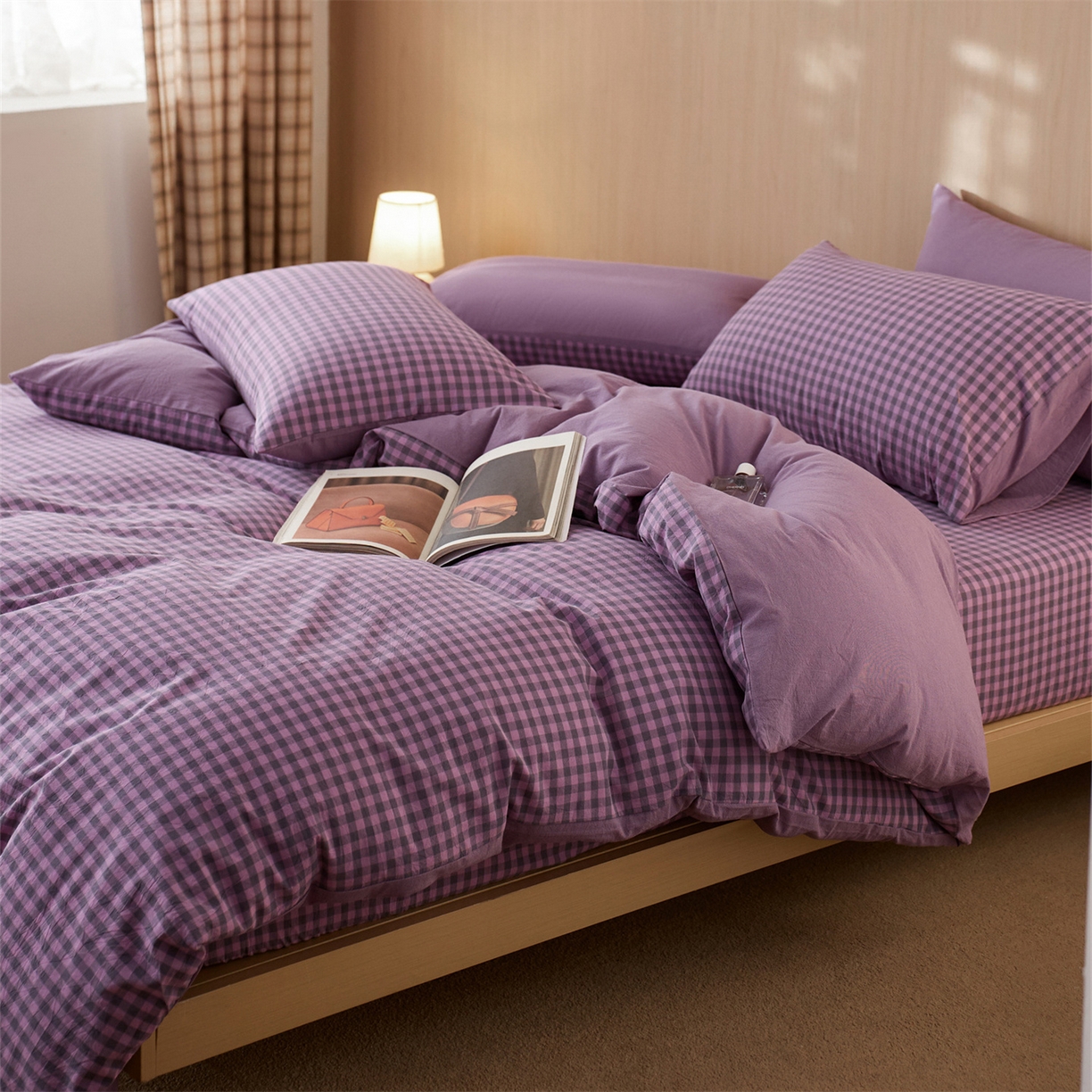 91家纺网 家纺一手货源 找家纺 启程家纺 2026新款纯棉水洗棉复古小格多规格系列四件套 复古小格-紫