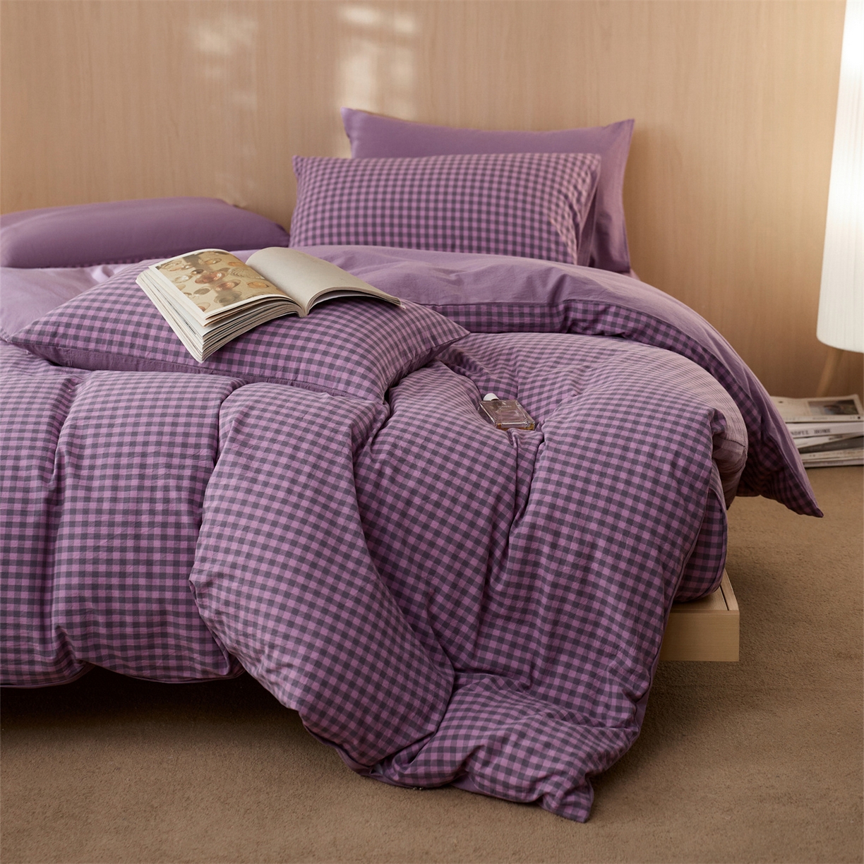 91家纺网 家纺一手货源 找家纺 启程家纺 2026新款纯棉水洗棉复古小格多规格系列四件套 复古小格-紫