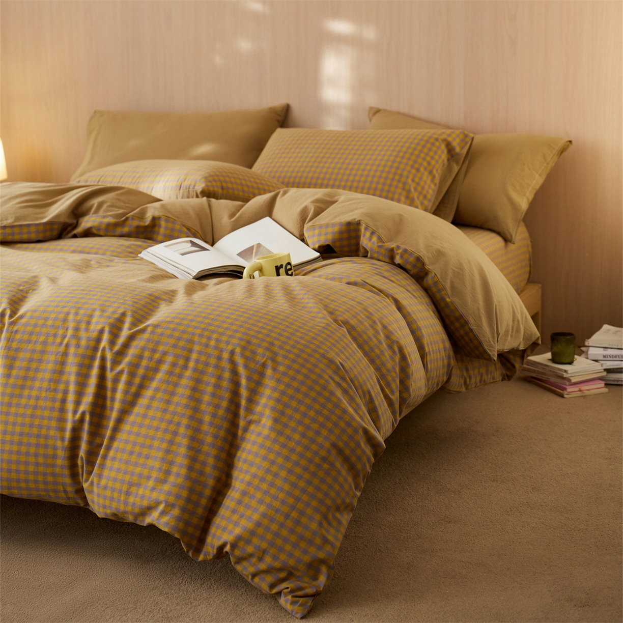 91家纺网 家纺一手货源 找家纺 启程家纺 2026新款纯棉水洗棉复古小格多规格系列四件套 复古小格-黄