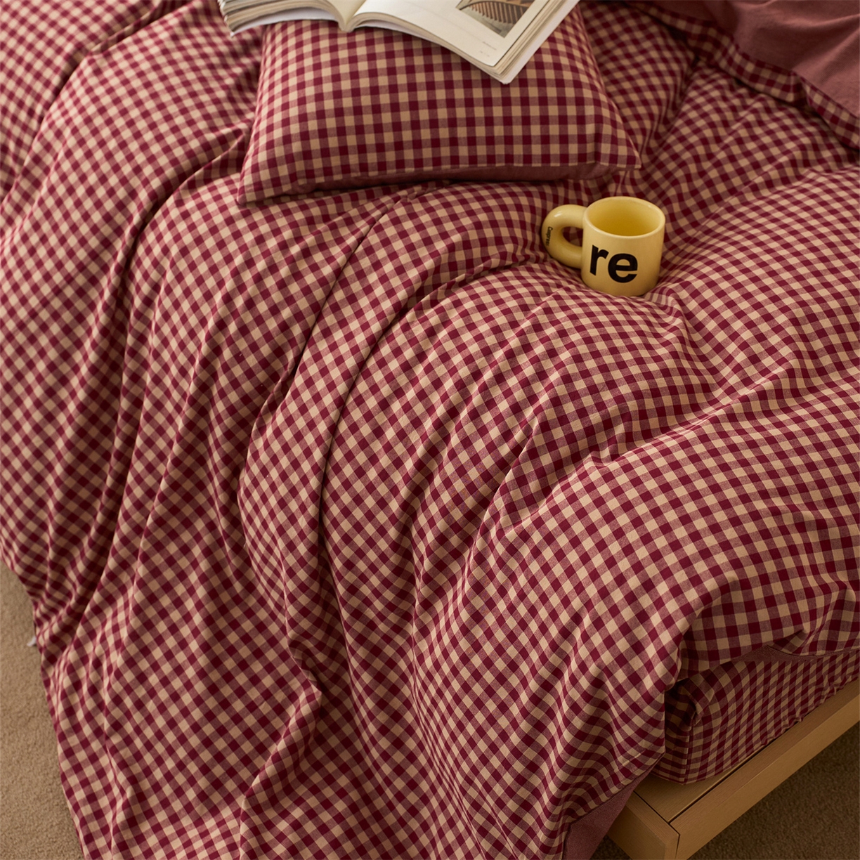 91家纺网 家纺一手货源 找家纺 启程家纺 2026新款纯棉水洗棉复古小格多规格系列四件套 复古小格-红