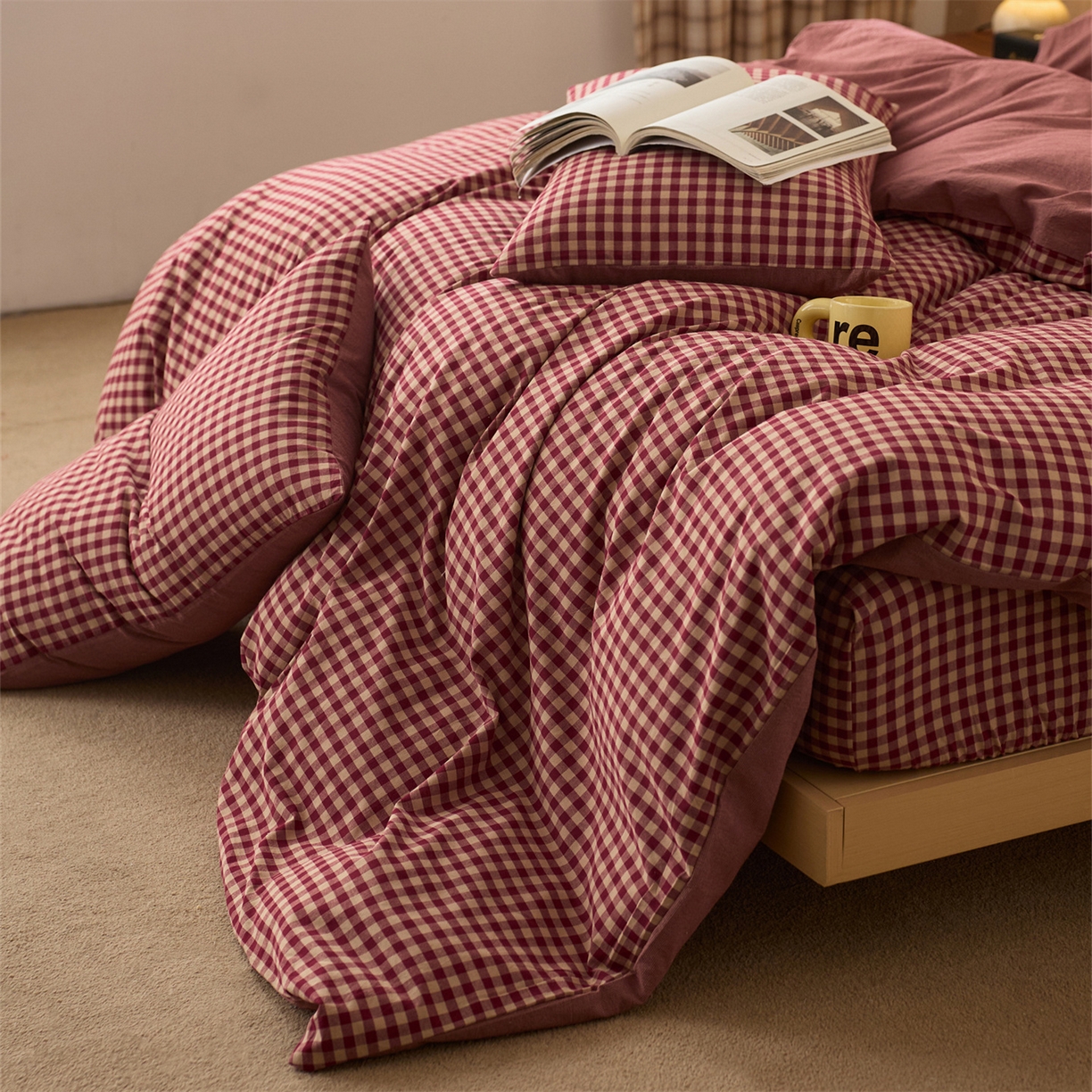 91家纺网 家纺一手货源 找家纺 启程家纺 2026新款纯棉水洗棉复古小格多规格系列四件套 复古小格-红