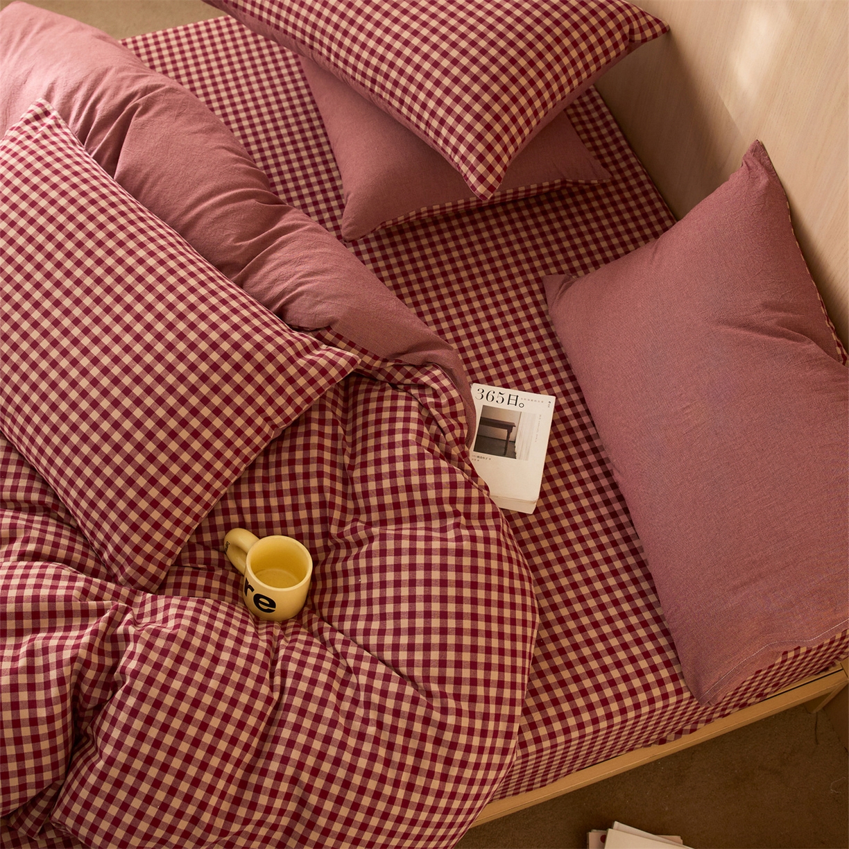 91家纺网 家纺一手货源 找家纺 启程家纺 2026新款纯棉水洗棉复古小格多规格系列四件套 复古小格-红