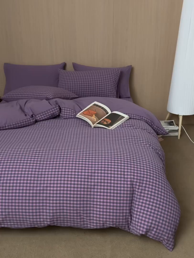 91家纺网 家纺一手货源 找家纺 启程家纺 2026新款纯棉水洗棉复古小格多规格系列四件套 复古小格-紫