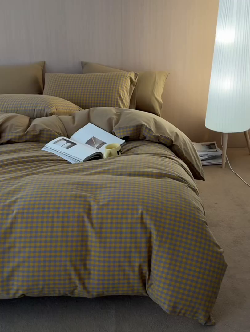 91家纺网 家纺一手货源 找家纺 启程家纺 2026新款纯棉水洗棉复古小格多规格系列四件套 复古小格-黄