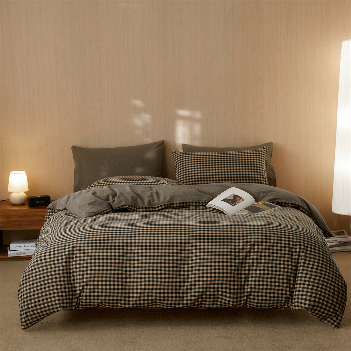 91家纺网 家纺一手货源 找家纺 启程家纺 2026新款纯棉水洗棉复古小格多规格系列单品被套 复古小格-黑