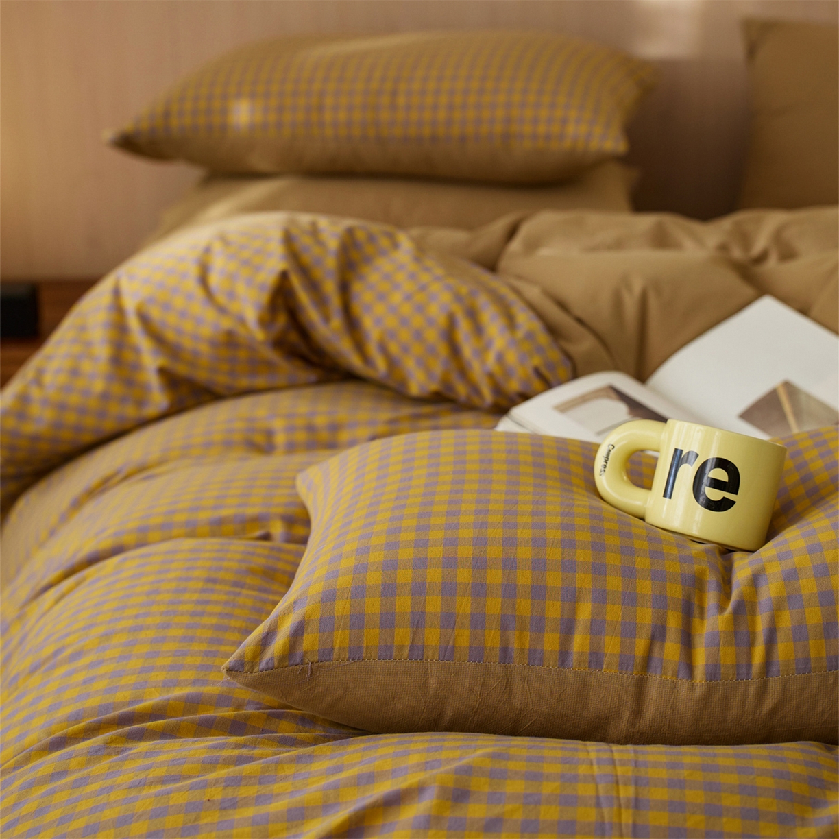 91家纺网 家纺一手货源 找家纺 启程家纺 2026新款纯棉水洗棉复古小格多规格系列单品被套 复古小格-黄