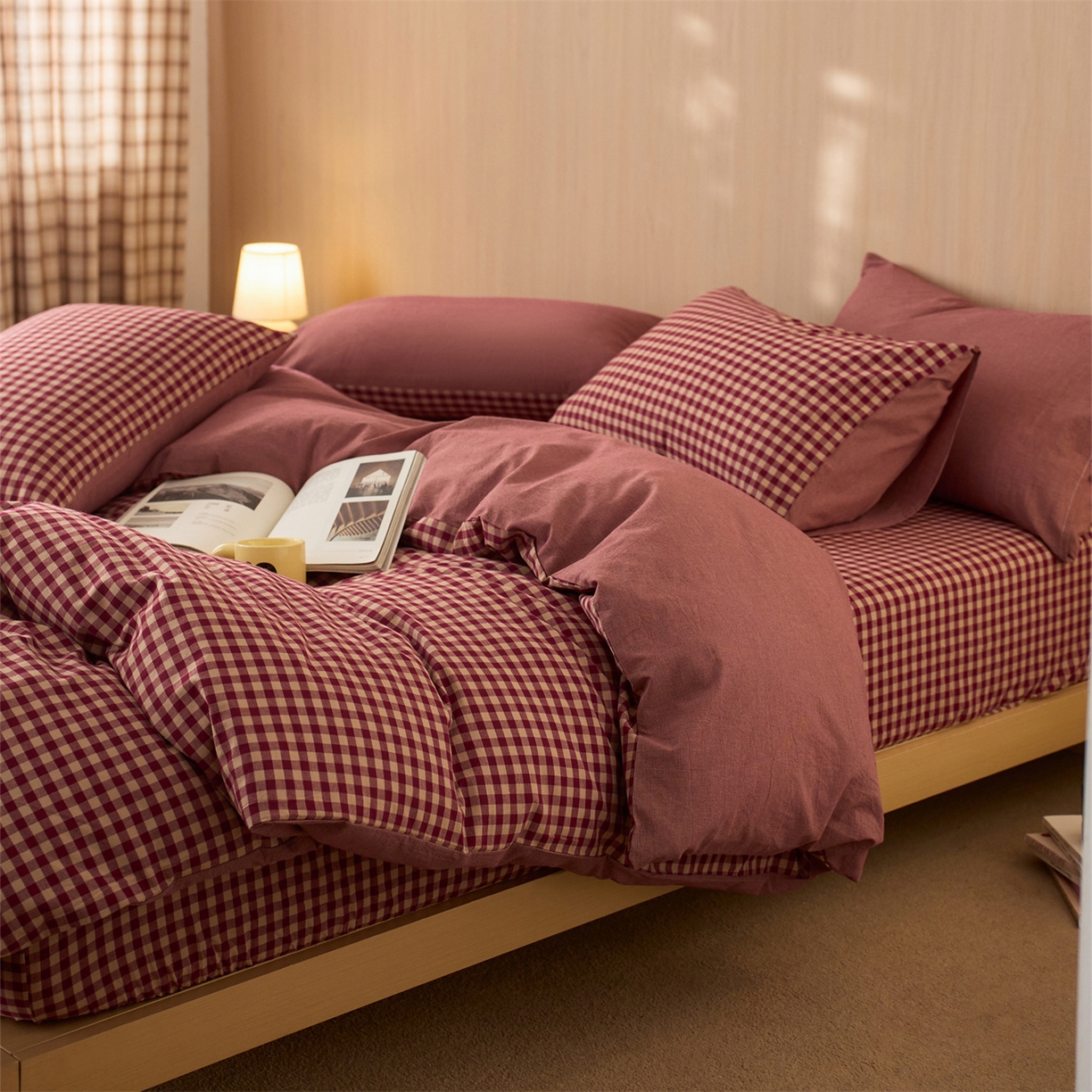 91家纺网 家纺一手货源 找家纺 启程家纺 2026新款纯棉水洗棉复古小格多规格系列单品被套 复古小格-红