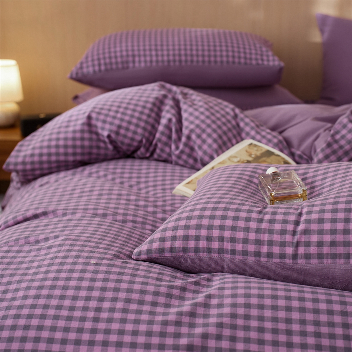 91家纺网 家纺一手货源 找家纺 启程家纺 2026新款纯棉水洗棉复古小格多规格系列单品被套 复古小格-紫