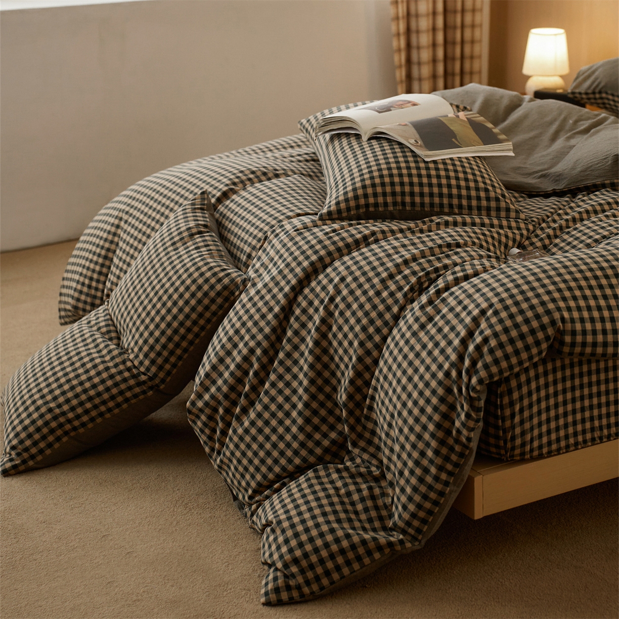 91家纺网 家纺一手货源 找家纺 启程家纺 2026新款纯棉水洗棉复古小格多规格系列单品被套 复古小格-黑