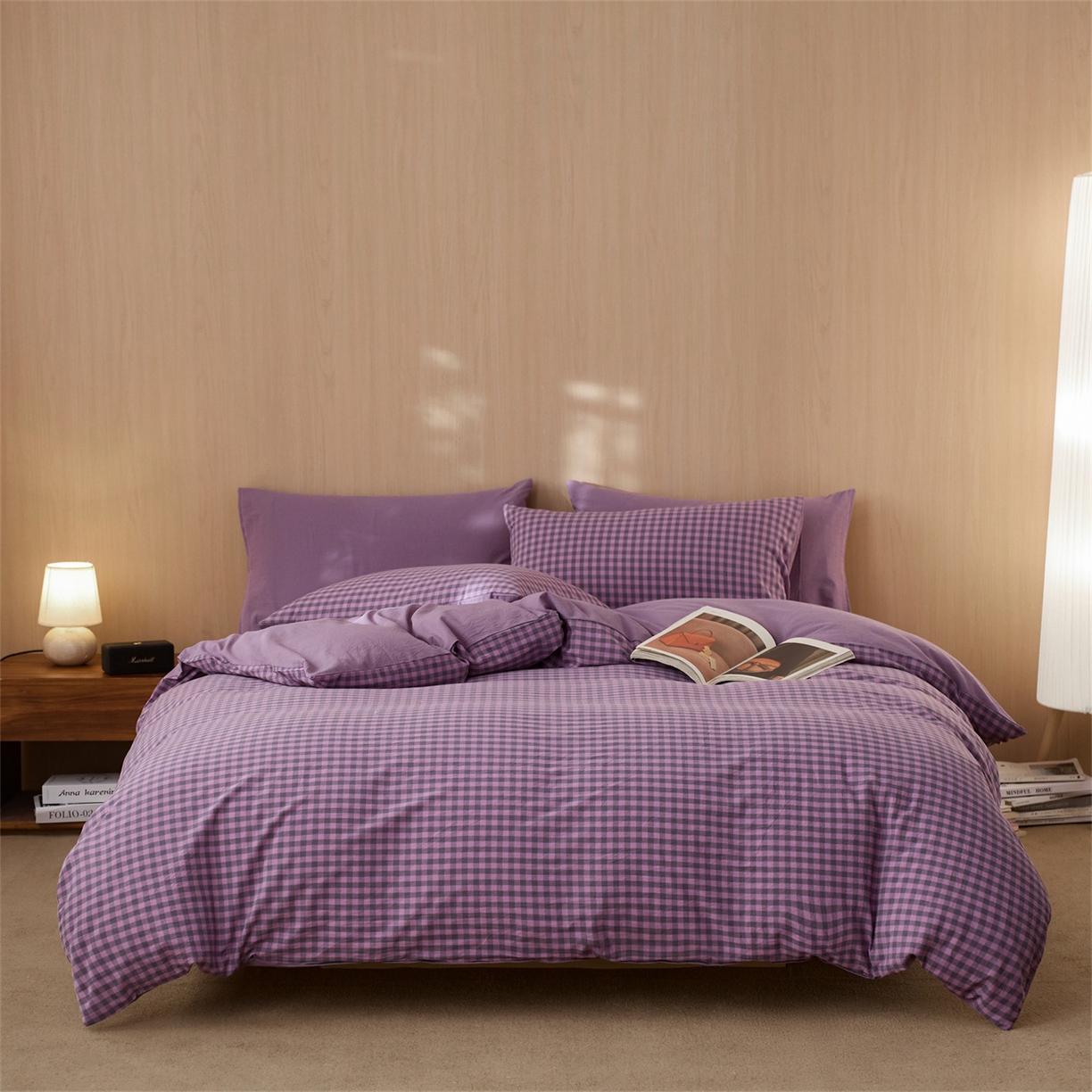 91家纺网 家纺一手货源 找家纺 启程家纺 2026新款纯棉水洗棉复古小格多规格系列单品被套 复古小格-紫