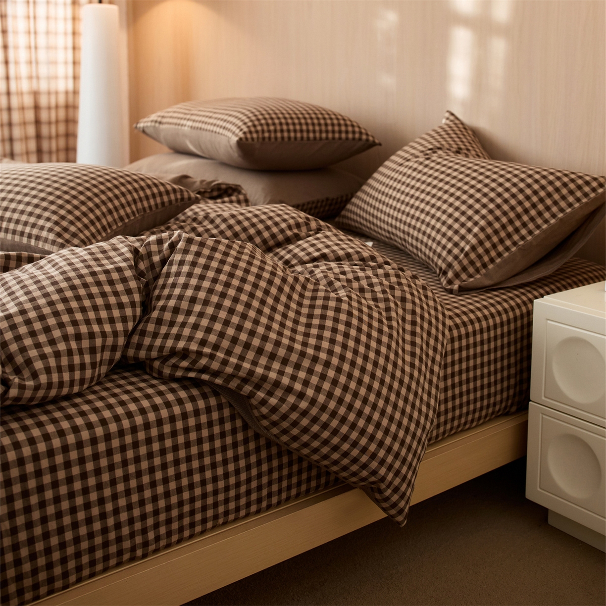 91家纺网 家纺一手货源 找家纺 启程家纺 2026新款纯棉水洗棉复古小格多规格系列单品被套 复古小格-咖