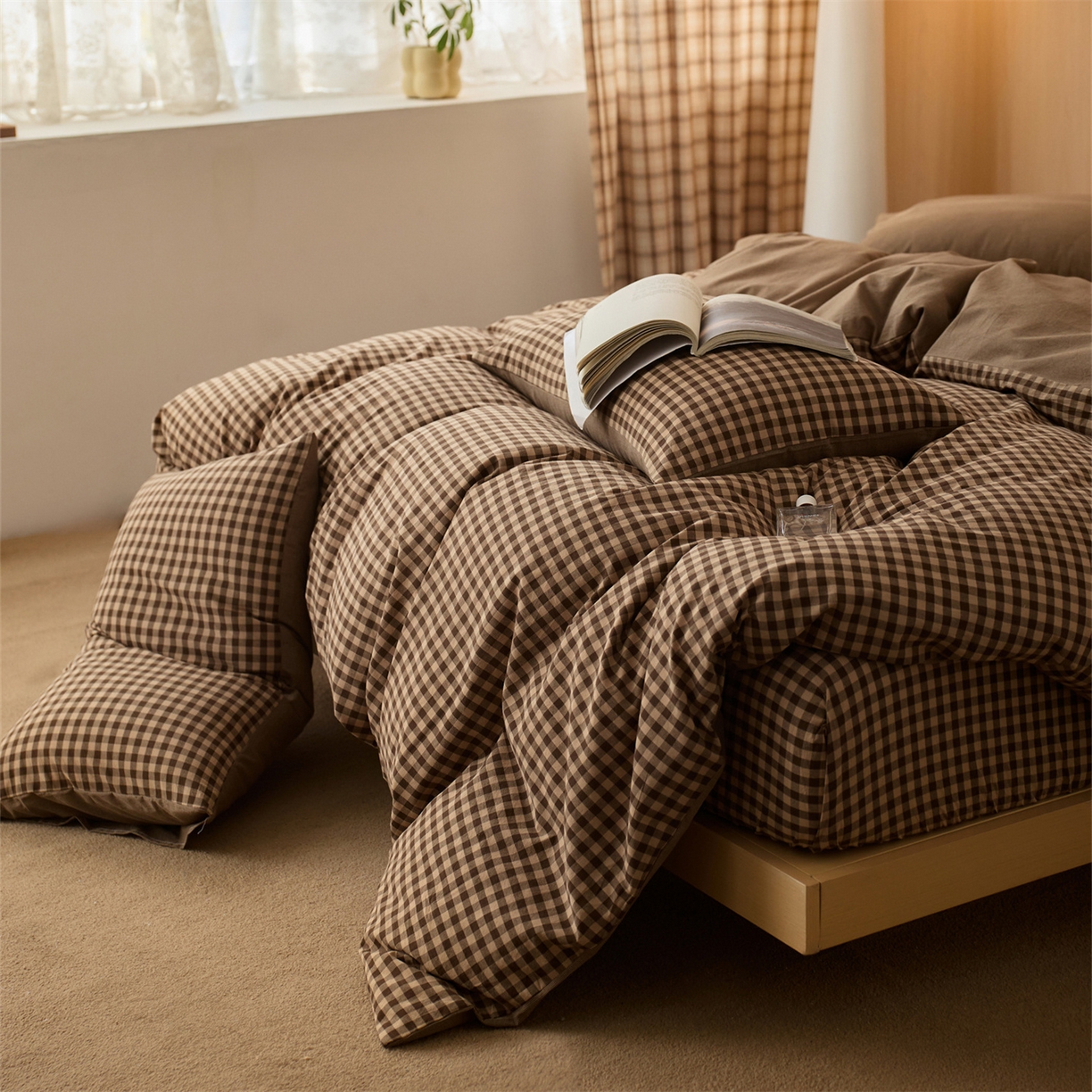 91家纺网 家纺一手货源 找家纺 启程家纺 2026新款纯棉水洗棉复古小格多规格系列单品被套 复古小格-咖