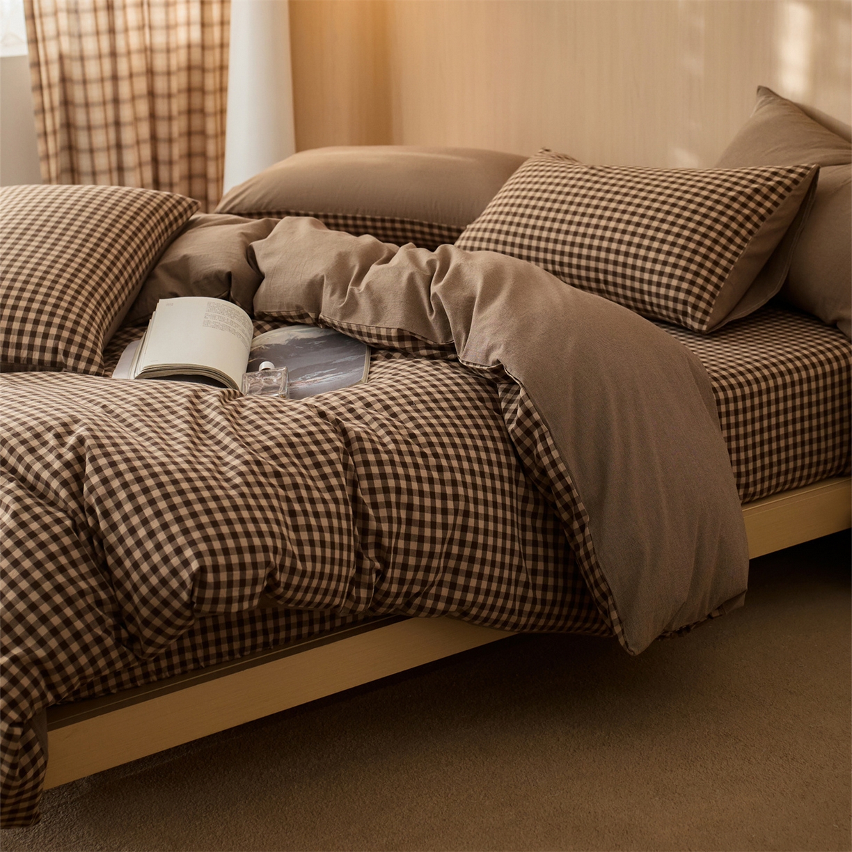 91家纺网 家纺一手货源 找家纺 启程家纺 2026新款纯棉水洗棉复古小格多规格系列单品被套 复古小格-咖