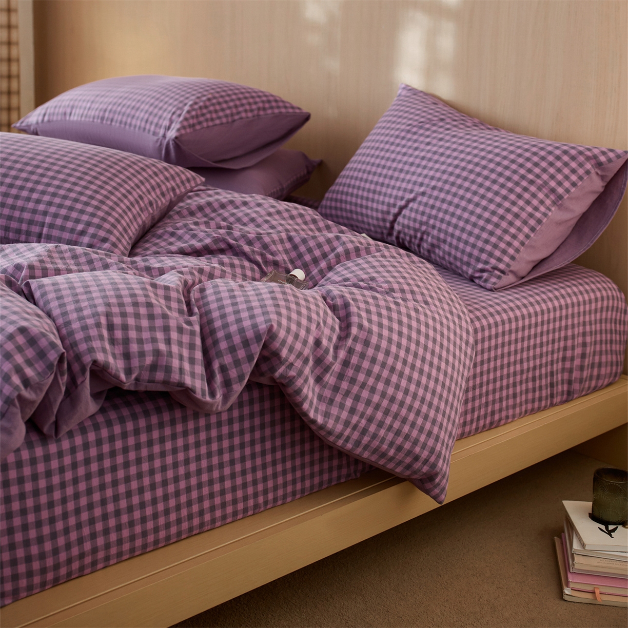 91家纺网 家纺一手货源 找家纺 启程家纺 2026新款纯棉水洗棉复古小格多规格系列单品被套 复古小格-紫