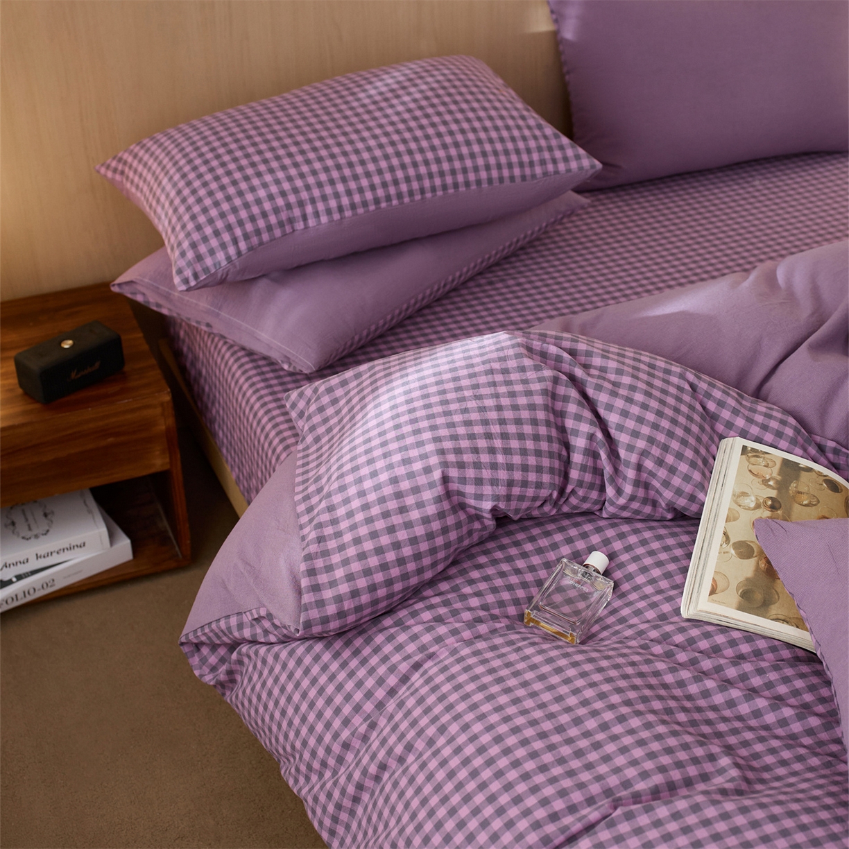 91家纺网 家纺一手货源 找家纺 启程家纺 2026新款纯棉水洗棉复古小格多规格系列单品被套 复古小格-紫