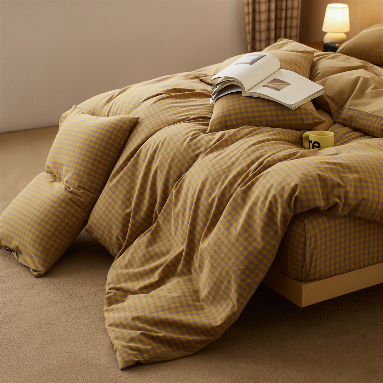91家纺网 家纺一手货源 找家纺 启程家纺 2026新款纯棉水洗棉复古小格多规格系列单品被套 复古小格-黄