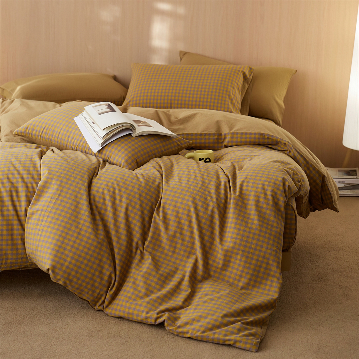 91家纺网 家纺一手货源 找家纺 启程家纺 2026新款纯棉水洗棉复古小格多规格系列单品被套 复古小格-黄