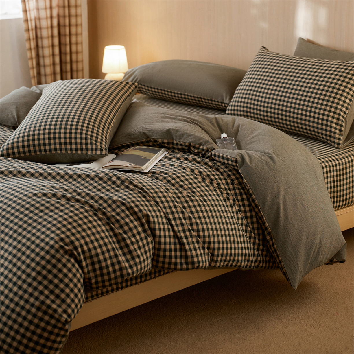 91家纺网 家纺一手货源 找家纺 启程家纺 2026新款纯棉水洗棉复古小格多规格系列单品被套 复古小格-黑