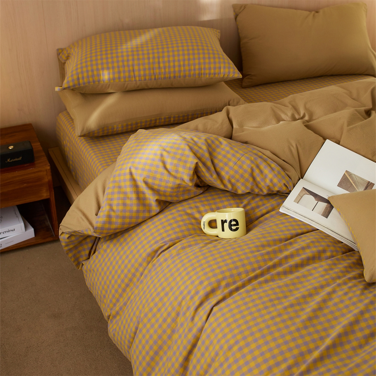 91家纺网 家纺一手货源 找家纺 启程家纺 2026新款纯棉水洗棉复古小格多规格系列单品被套 复古小格-黄