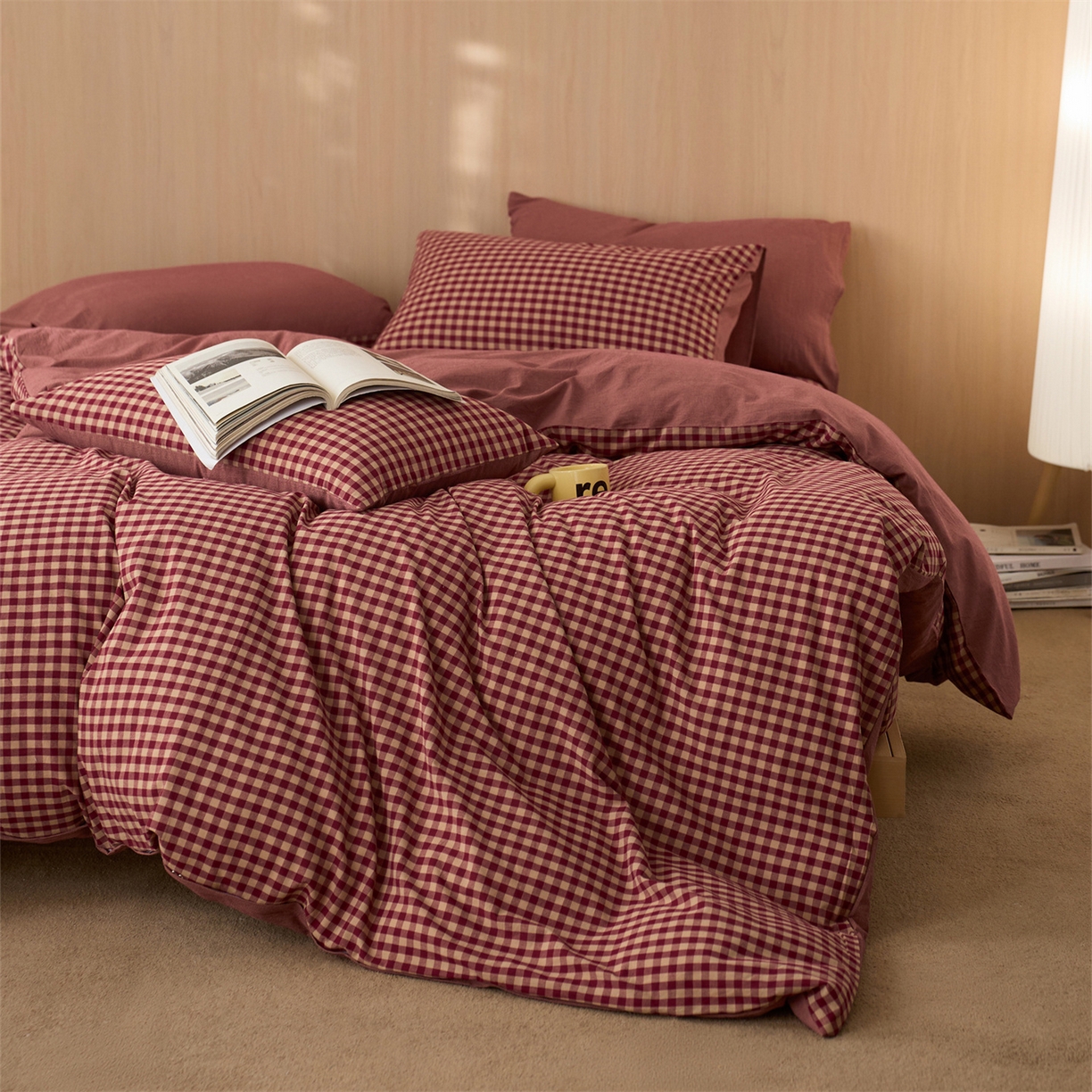 91家纺网 家纺一手货源 找家纺 启程家纺 2026新款纯棉水洗棉复古小格多规格系列单品被套 复古小格-红