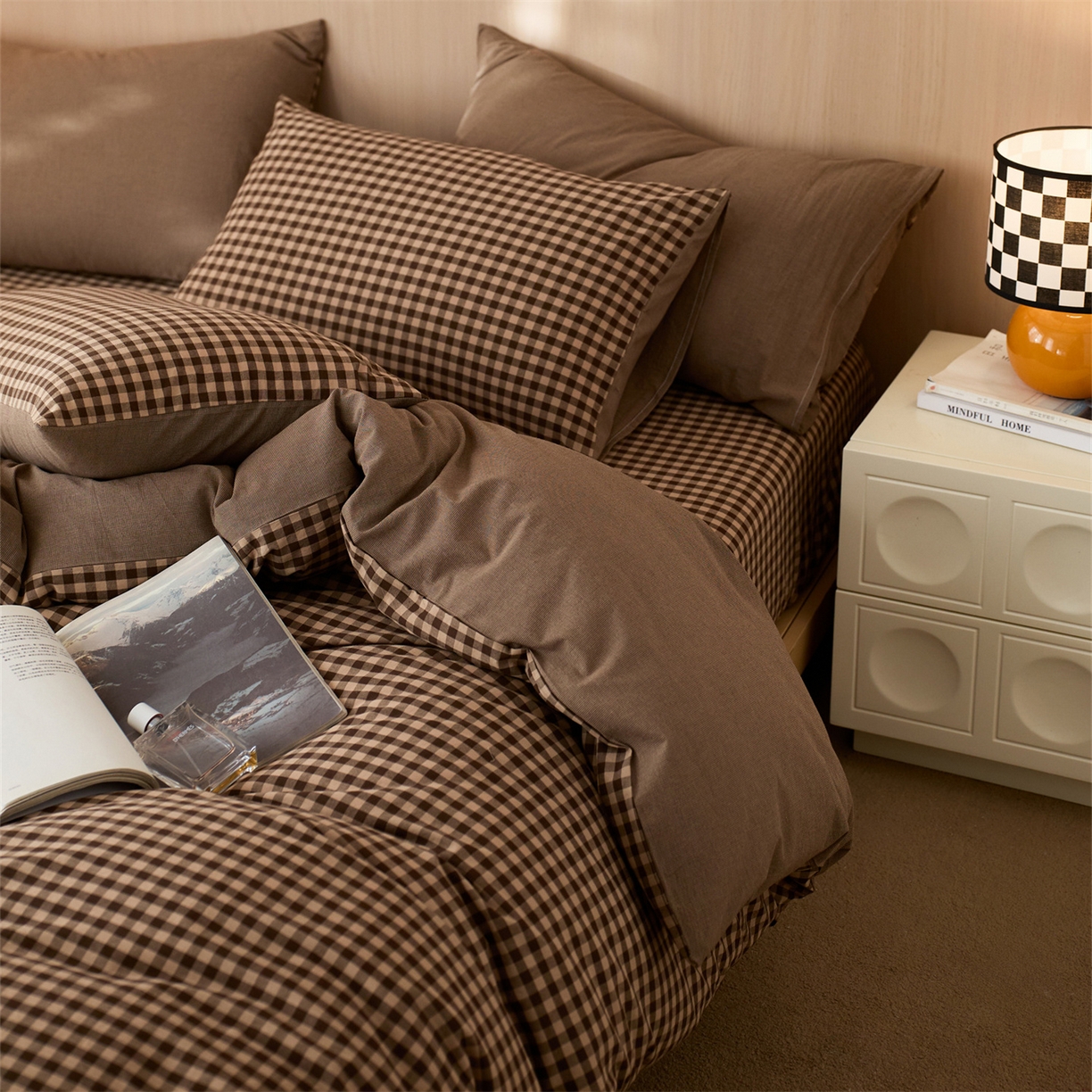 91家纺网 家纺一手货源 找家纺 启程家纺 2026新款纯棉水洗棉复古小格多规格系列单品被套 复古小格-咖
