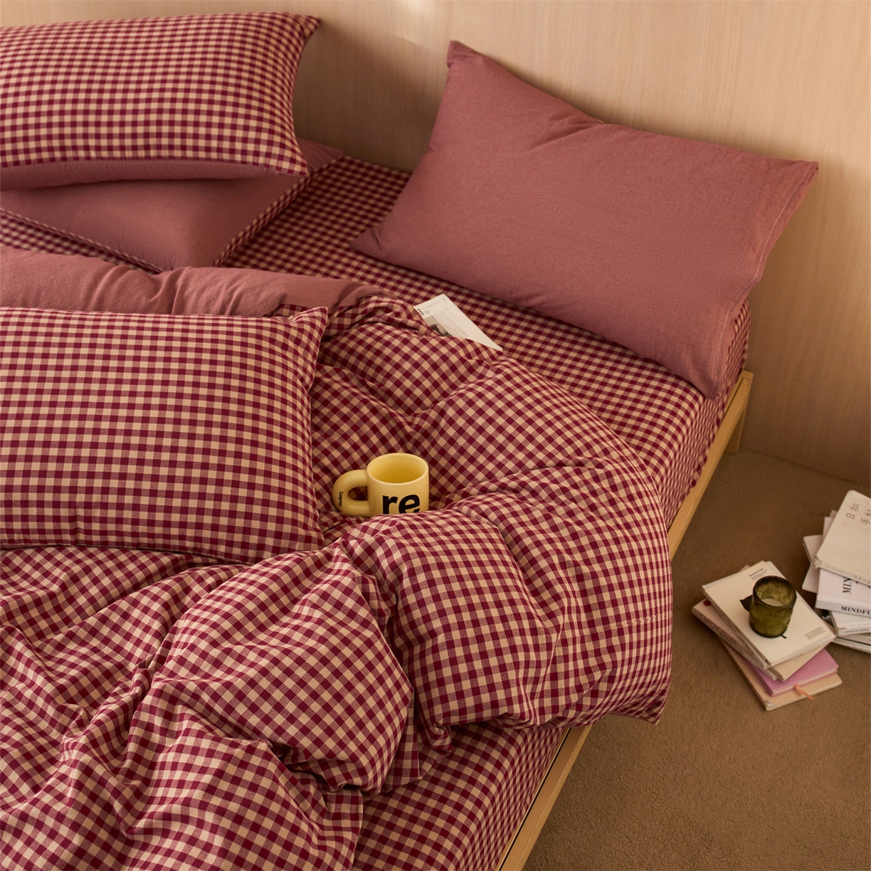 91家纺网 家纺一手货源 找家纺 启程家纺 2026新款纯棉水洗棉复古小格多规格系列单品被套 复古小格-红