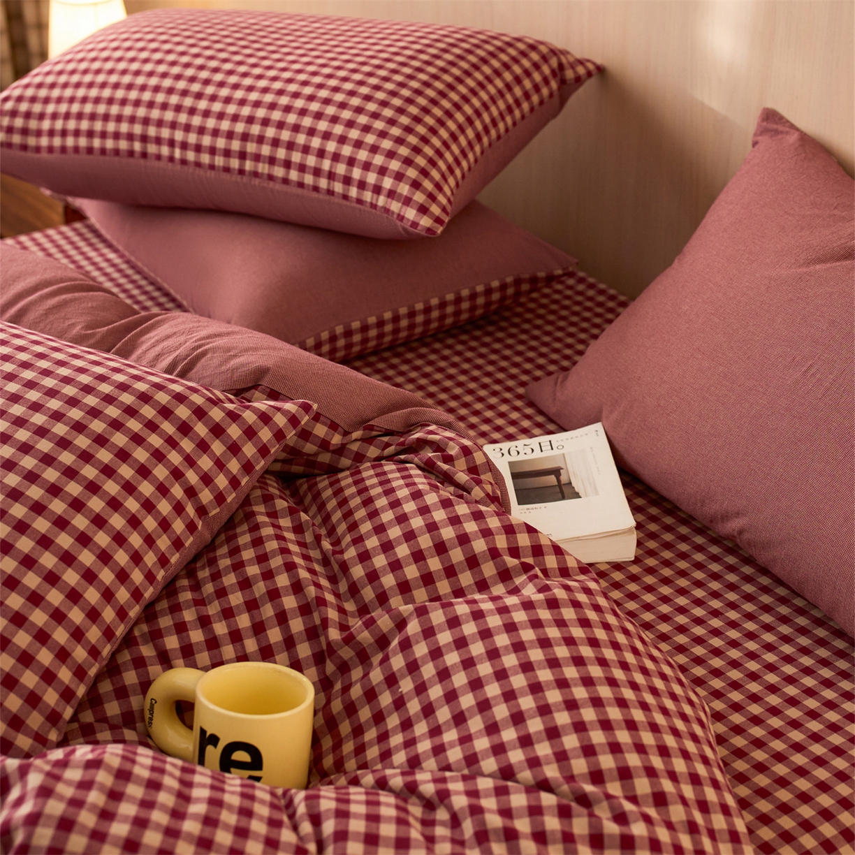 91家纺网 家纺一手货源 找家纺 启程家纺 2026新款纯棉水洗棉复古小格多规格系列单品被套 复古小格-红