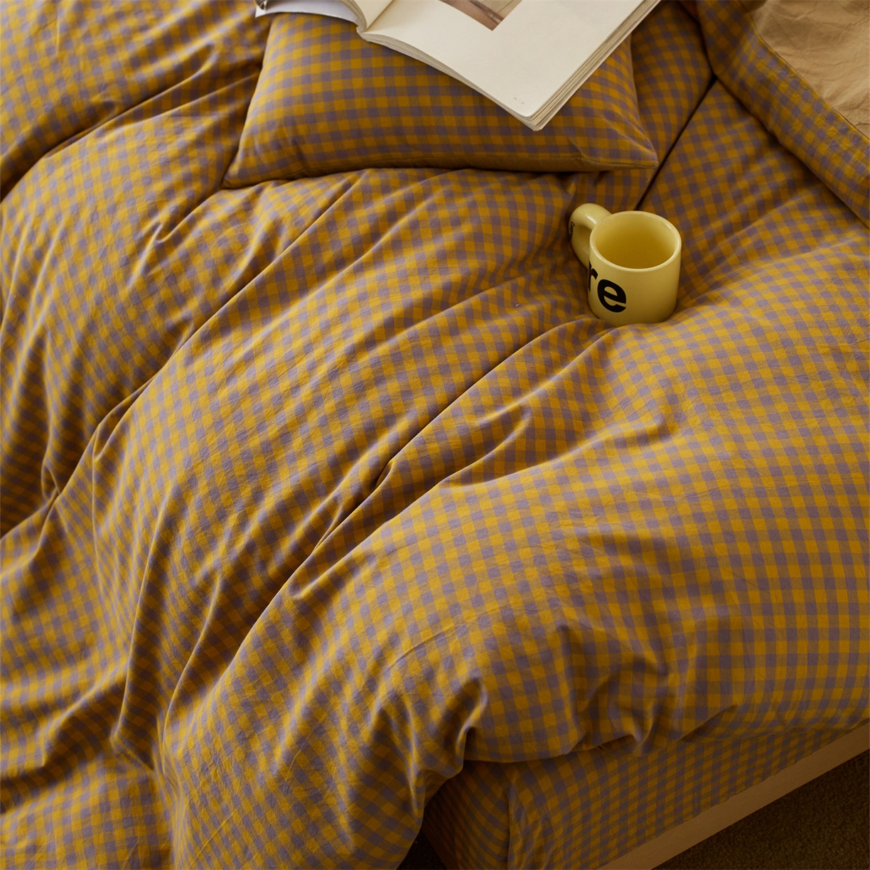 91家纺网 家纺一手货源 找家纺 启程家纺 2026新款纯棉水洗棉复古小格多规格系列单品被套 复古小格-黄