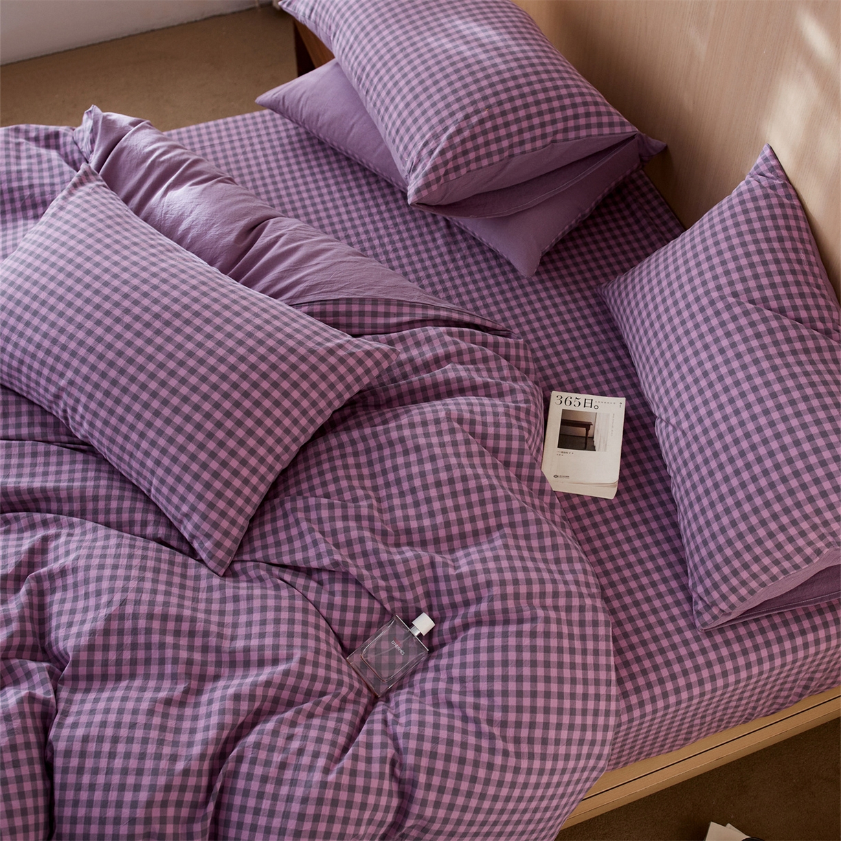 91家纺网 家纺一手货源 找家纺 启程家纺 2026新款纯棉水洗棉复古小格多规格系列单品被套 复古小格-紫