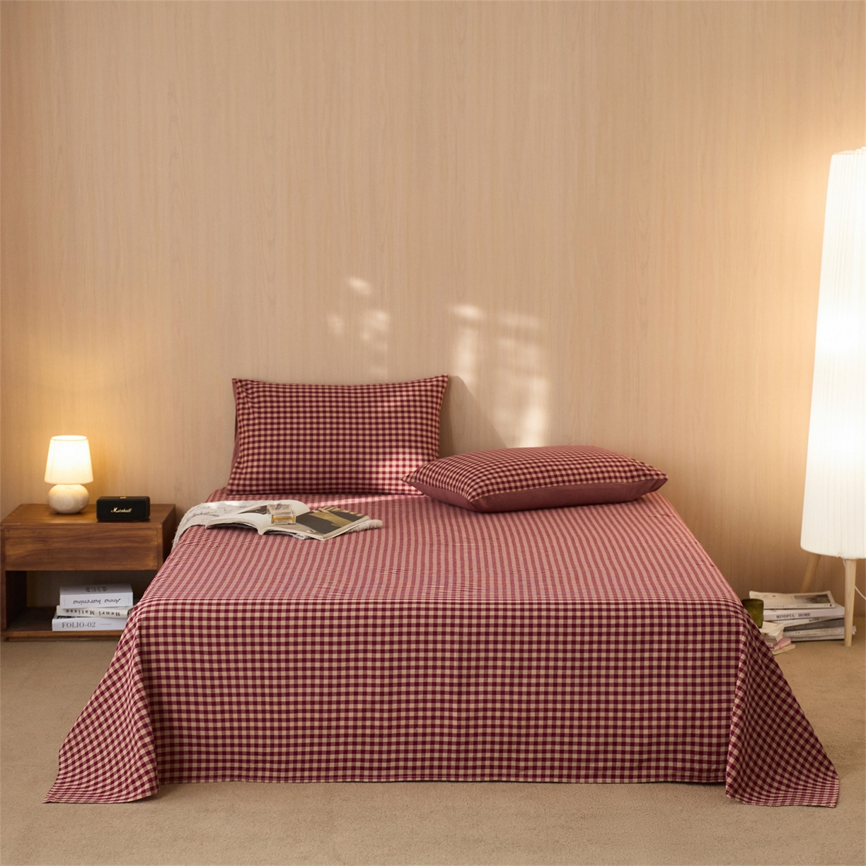 91家纺网 家纺一手货源 找家纺 启程家纺 2026新款纯棉水洗棉复古小格多规格系列单品床单 复古小格-红