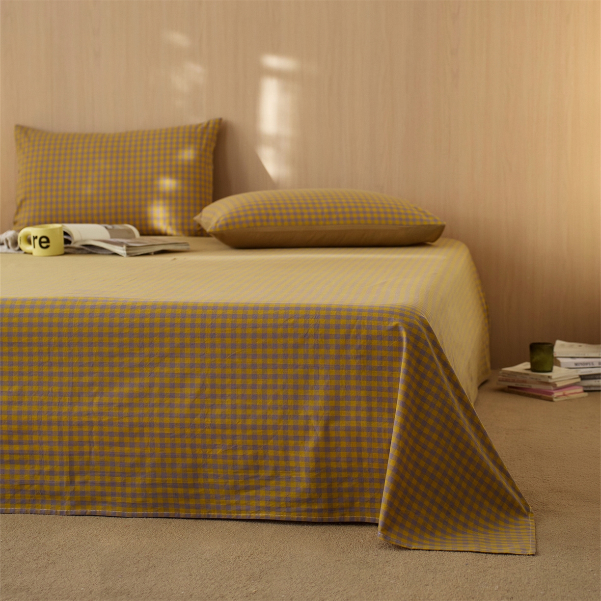 91家纺网 家纺一手货源 找家纺 启程家纺 2026新款纯棉水洗棉复古小格多规格系列单品床单 复古小格-黄