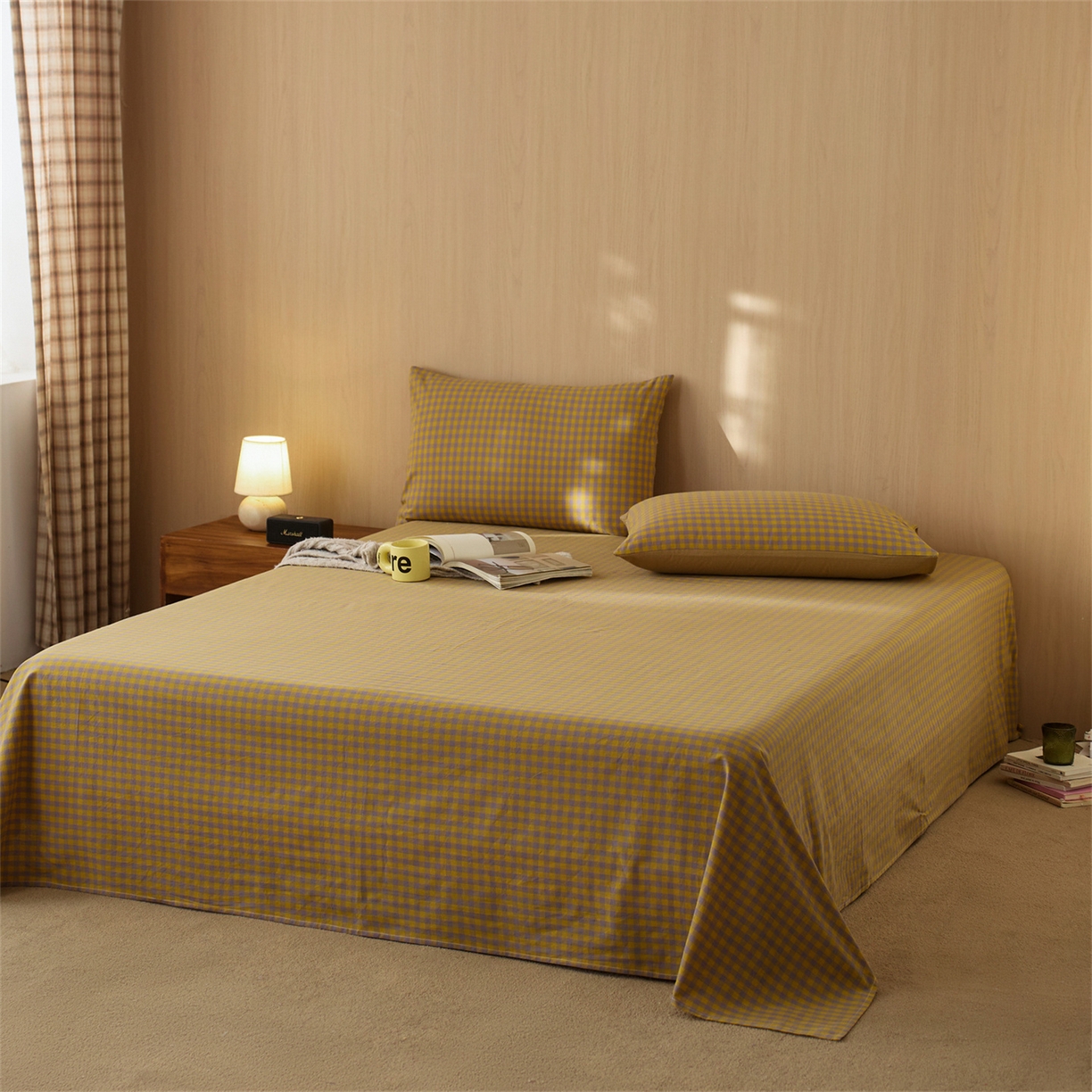 91家纺网 家纺一手货源 找家纺 启程家纺 2026新款纯棉水洗棉复古小格多规格系列单品床单 复古小格-黄