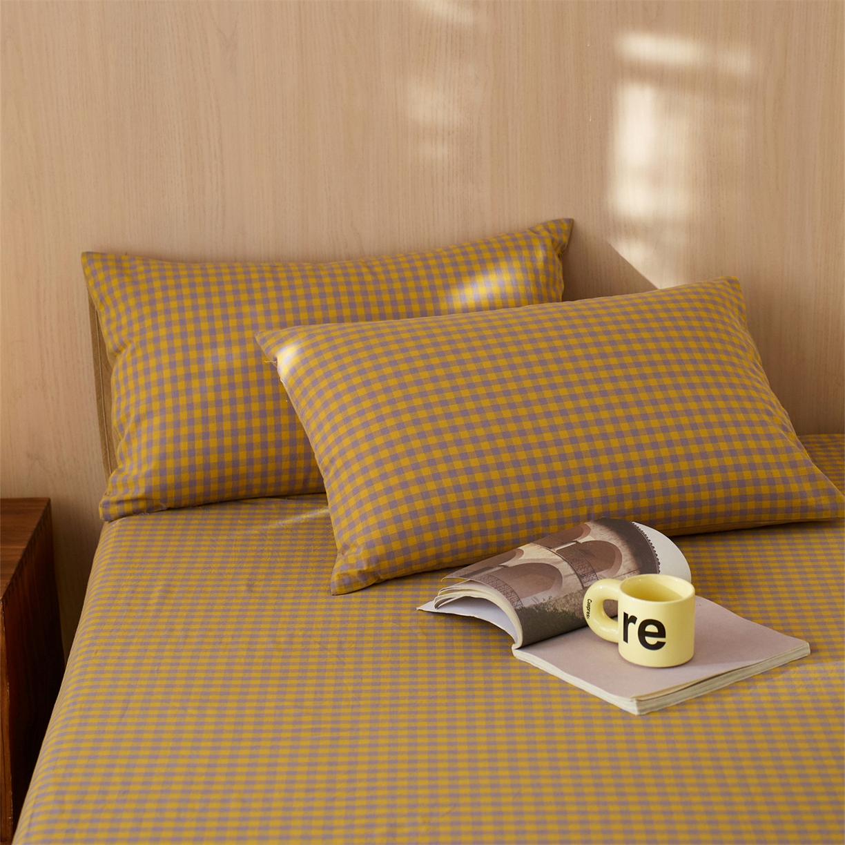 91家纺网 家纺一手货源 找家纺 启程家纺 2026新款纯棉水洗棉复古小格多规格系列单品床单 复古小格-黄