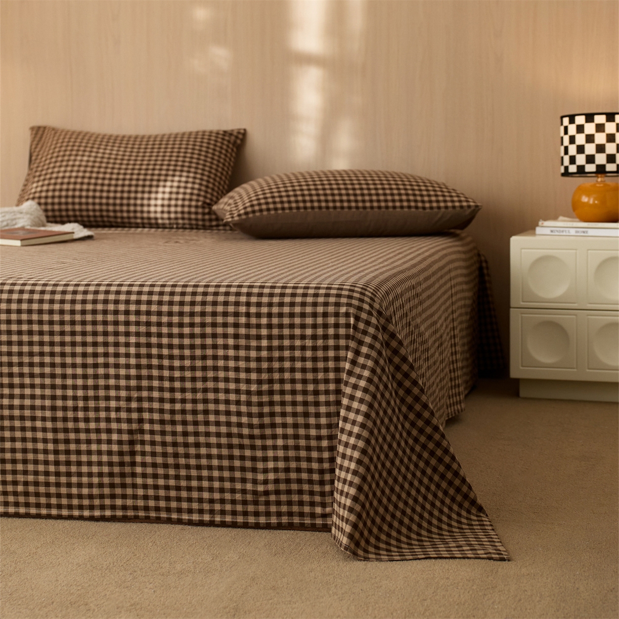 91家纺网 家纺一手货源 找家纺 启程家纺 2026新款纯棉水洗棉复古小格多规格系列单品床单 复古小格-咖