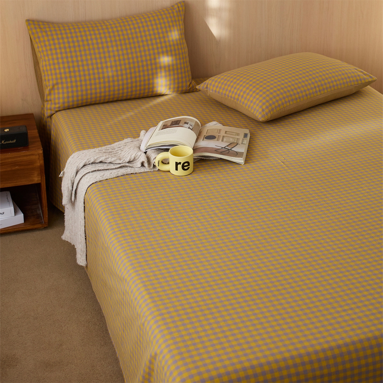 91家纺网 家纺一手货源 找家纺 启程家纺 2026新款纯棉水洗棉复古小格多规格系列单品床单 复古小格-黄