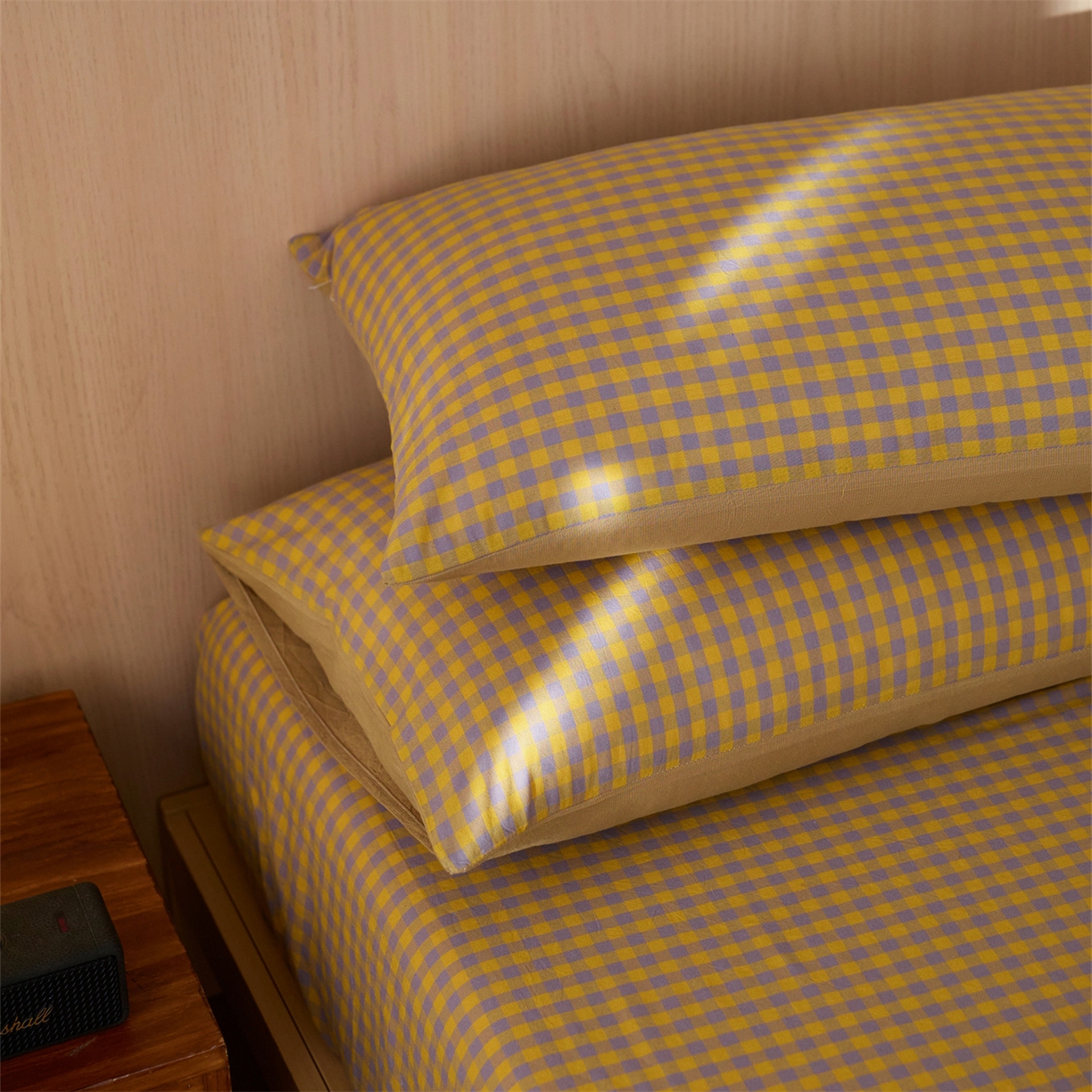 91家纺网 家纺一手货源 找家纺 启程家纺 2026新款纯棉水洗棉复古小格多规格系列单品床单 复古小格-黄