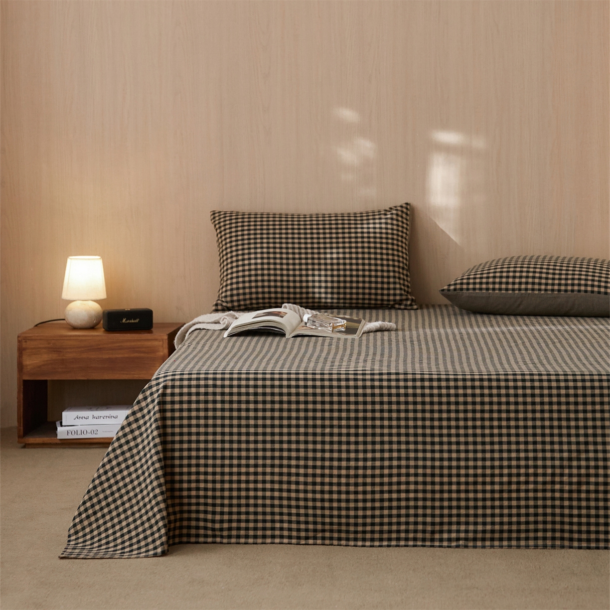 91家纺网 家纺一手货源 找家纺 启程家纺 2026新款纯棉水洗棉复古小格多规格系列单品床单 复古小格-黑