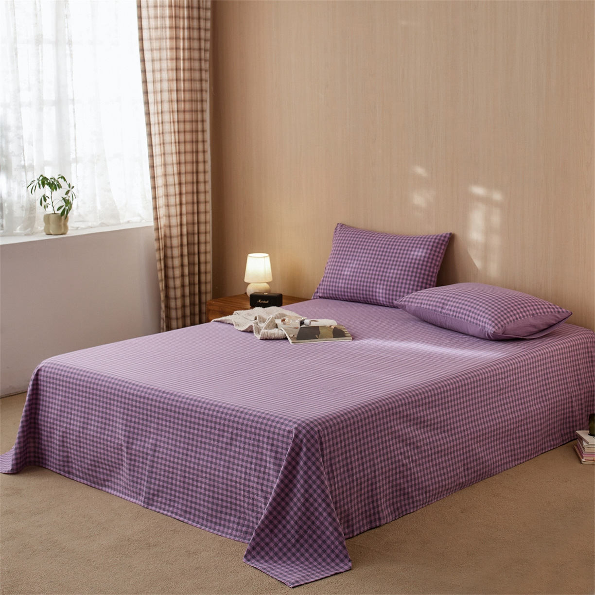 91家纺网 家纺一手货源 找家纺 启程家纺 2026新款纯棉水洗棉复古小格多规格系列单品床单 复古小格-紫