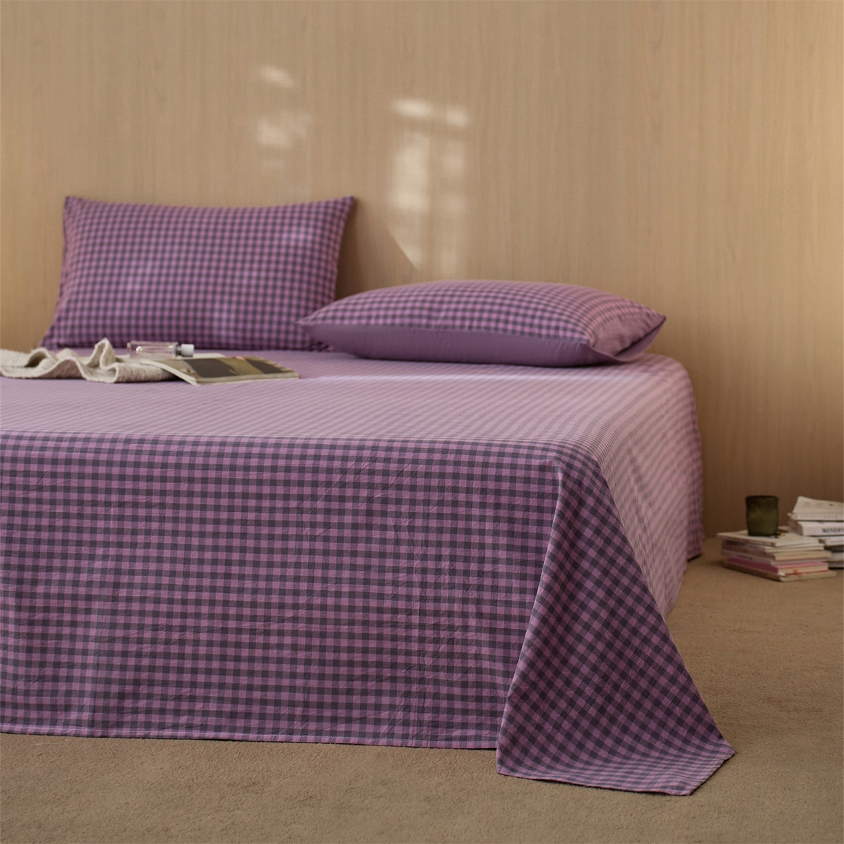 91家纺网 家纺一手货源 找家纺 启程家纺 2026新款纯棉水洗棉复古小格多规格系列单品床单 复古小格-紫