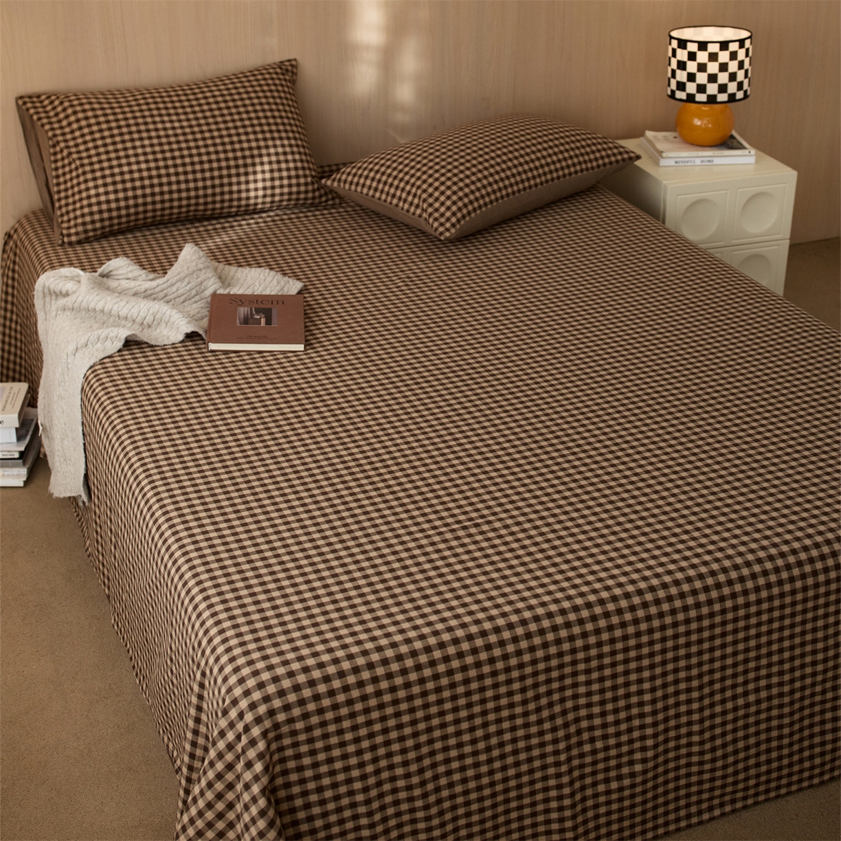 91家纺网 家纺一手货源 找家纺 启程家纺 2026新款纯棉水洗棉复古小格多规格系列单品床单 复古小格-咖