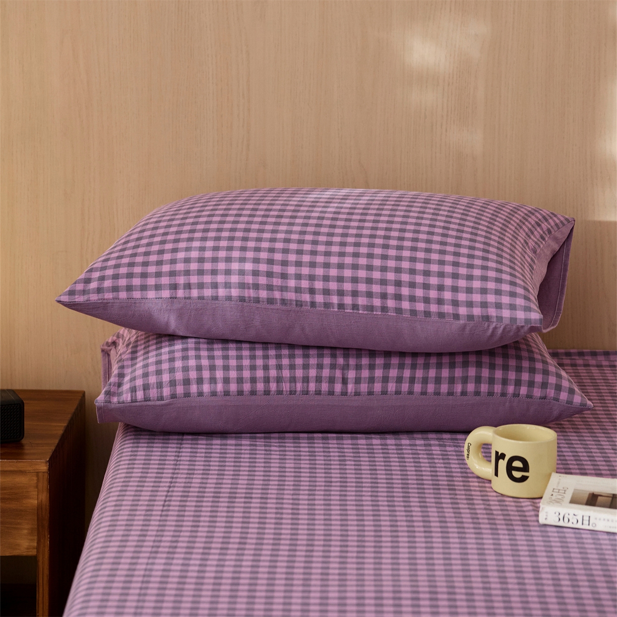 91家纺网 家纺一手货源 找家纺 启程家纺 2026新款纯棉水洗棉复古小格多规格系列单品床单 复古小格-紫